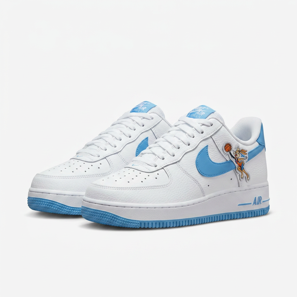 White leather low top sneakers with university blue Swoosh and blue sole on a plain white background
