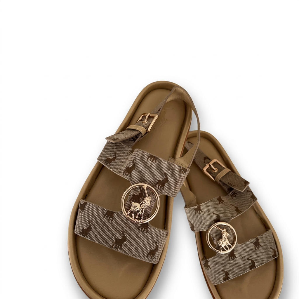 Tan Polo elephant print sandals with gold emblem on white
