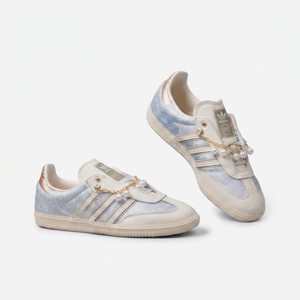 Cream and pale blue adidas Samba with pearl charm chain on a plain white background