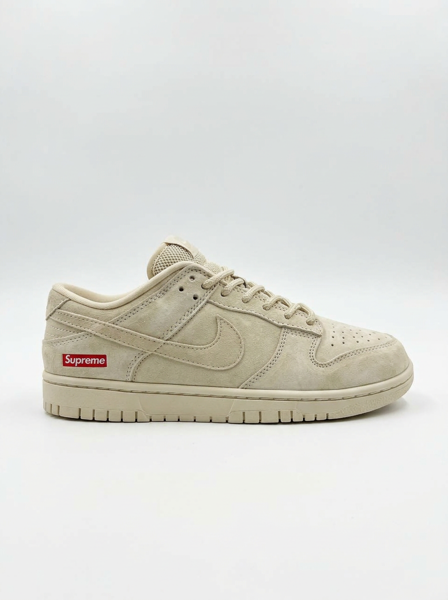 Cream suede Nike Dunk Low with red Supreme box logo on white