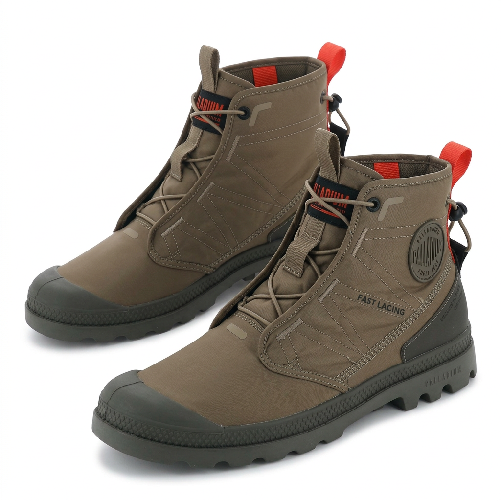 Pair of taupe and charcoal Palladium fast-lacing ankle boots on white
