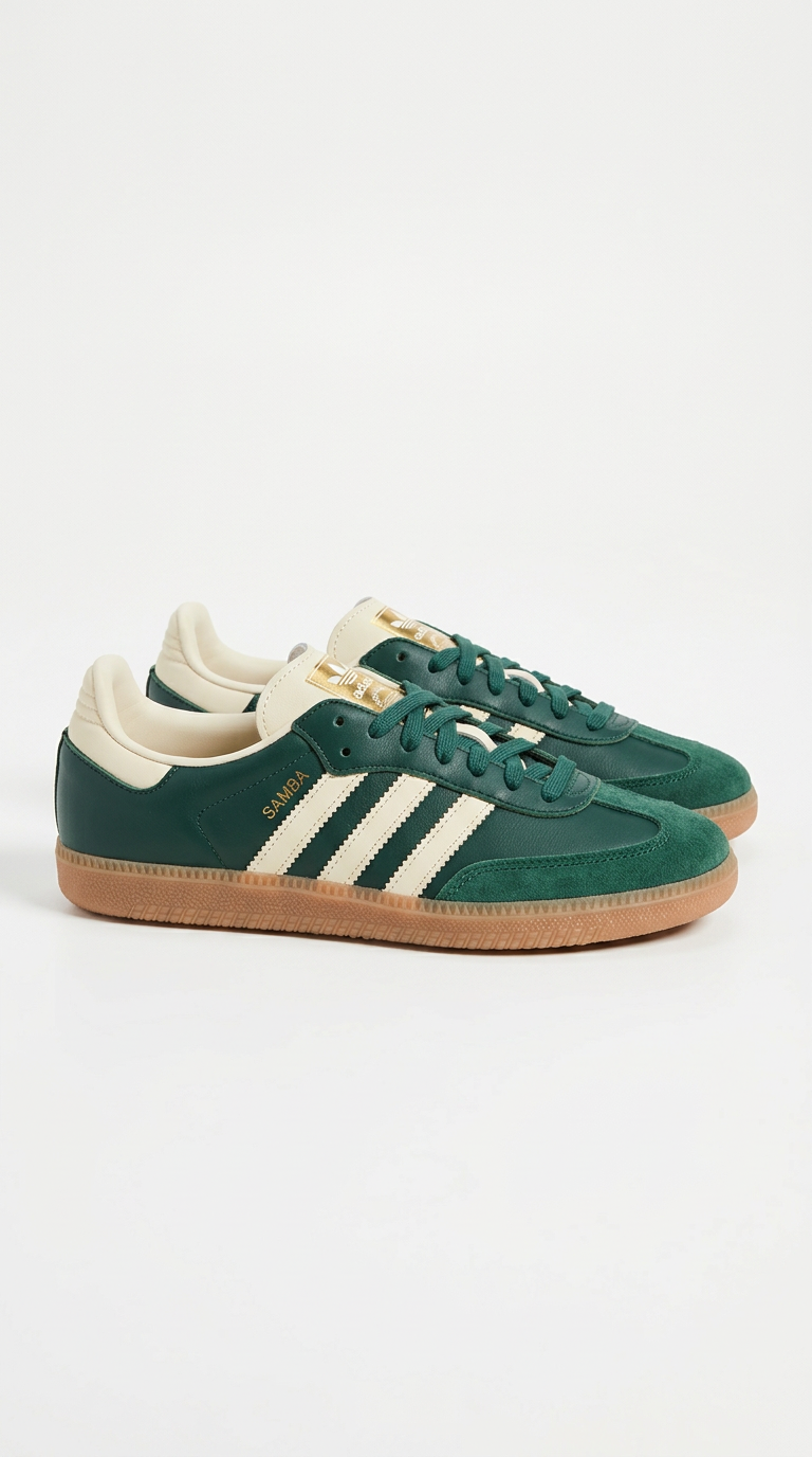 Pair of dark green leather adidas Samba sneakers with cream stripes and gum sole on a plain white background