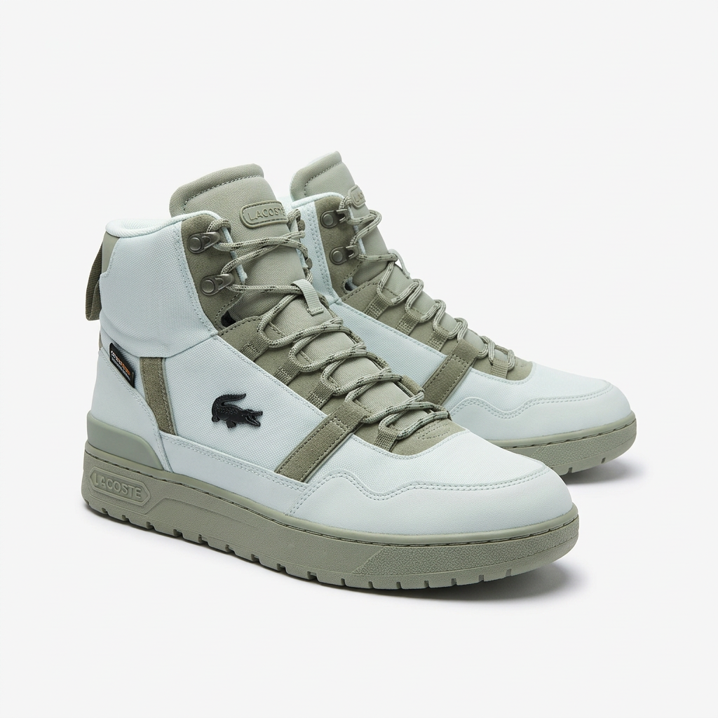 Pair of ice white and sage Lacoste utility high-top sneakers on a plain white background