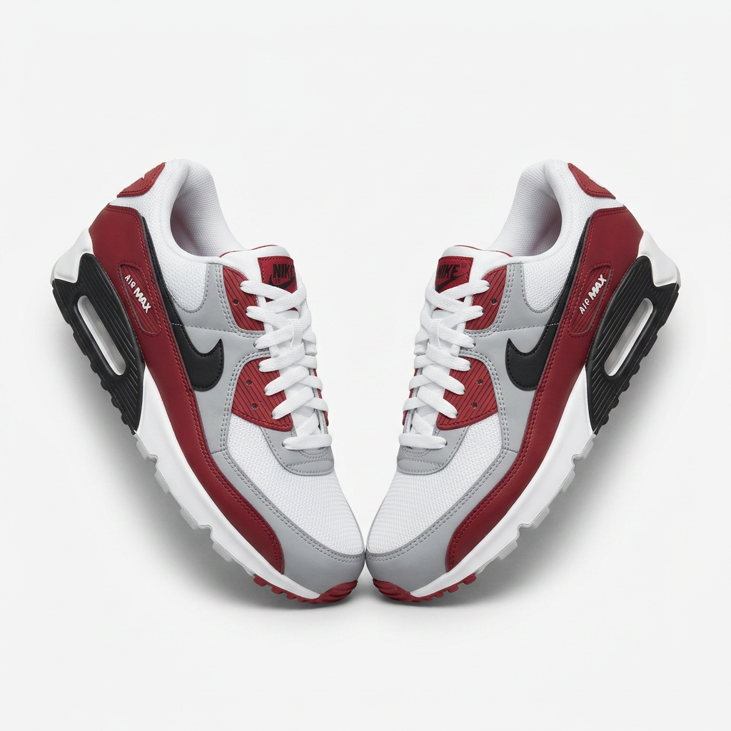 White grey and red Air Max 90 style sneakers, pair on a plain white background
