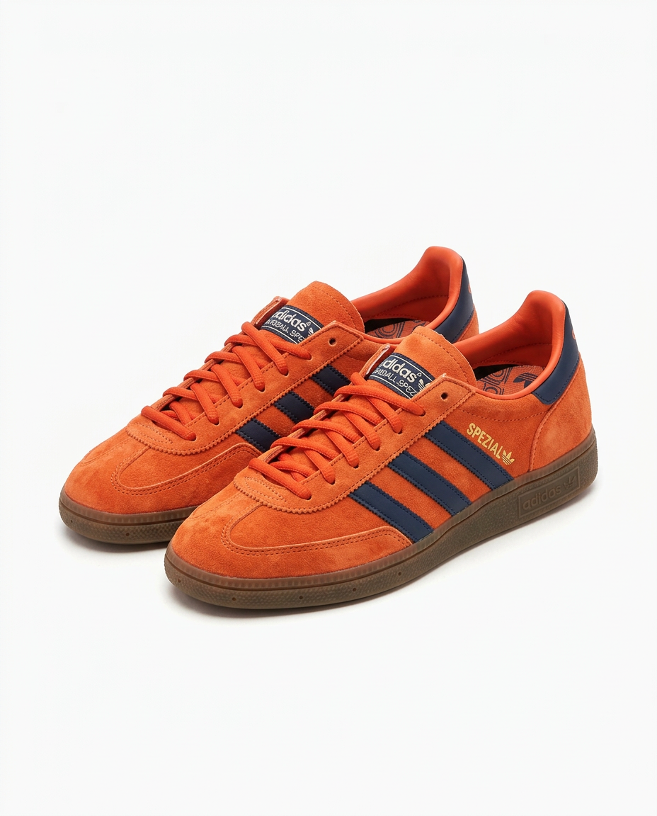 Pair of orange suede adidas Handball Spezial sneakers with navy stripes and gum sole on a plain white background