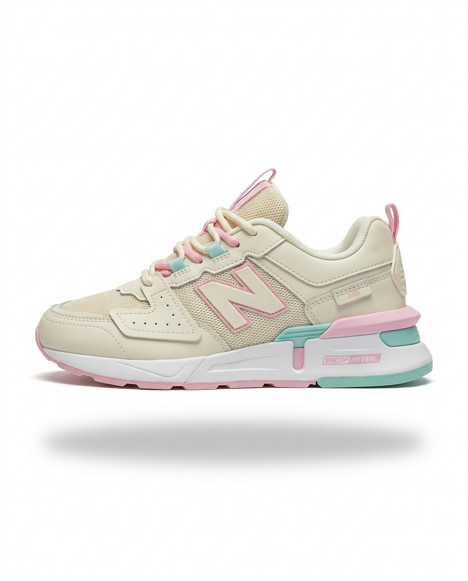 Cream New Balance runner with pink and mint accents on white