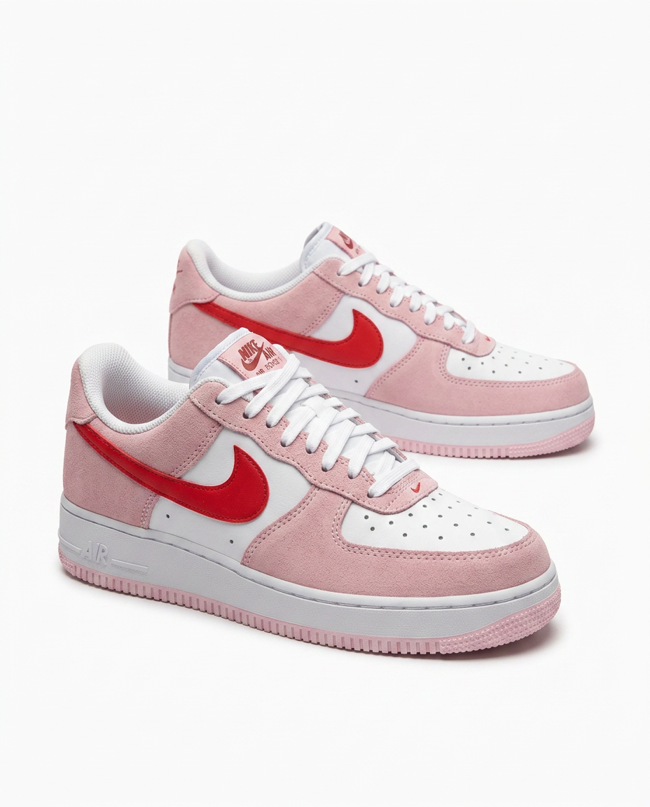 Nike Air Force 1 Low in pink suede and white leather with a red Swoosh, worn on stairs