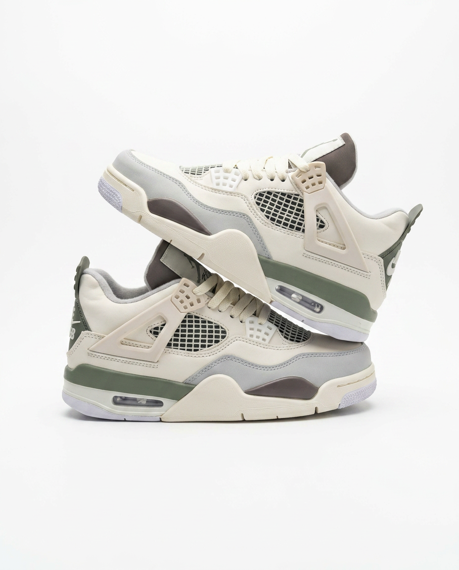 Air Jordan 4 sneakers in sail white leather with olive green and brown trim, held pair view