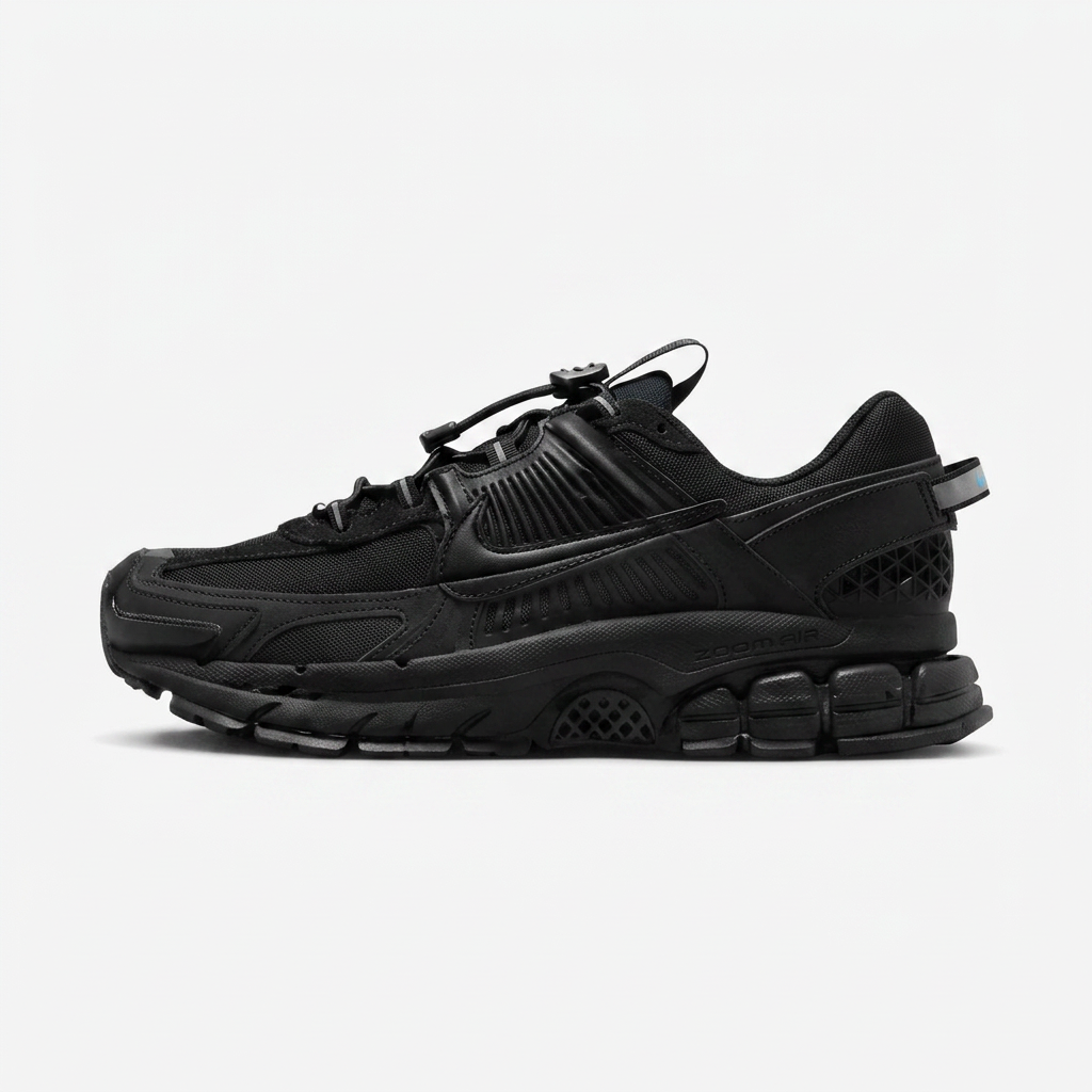 Triple black Nike Zoom Vomero 5 runner on a plain white background