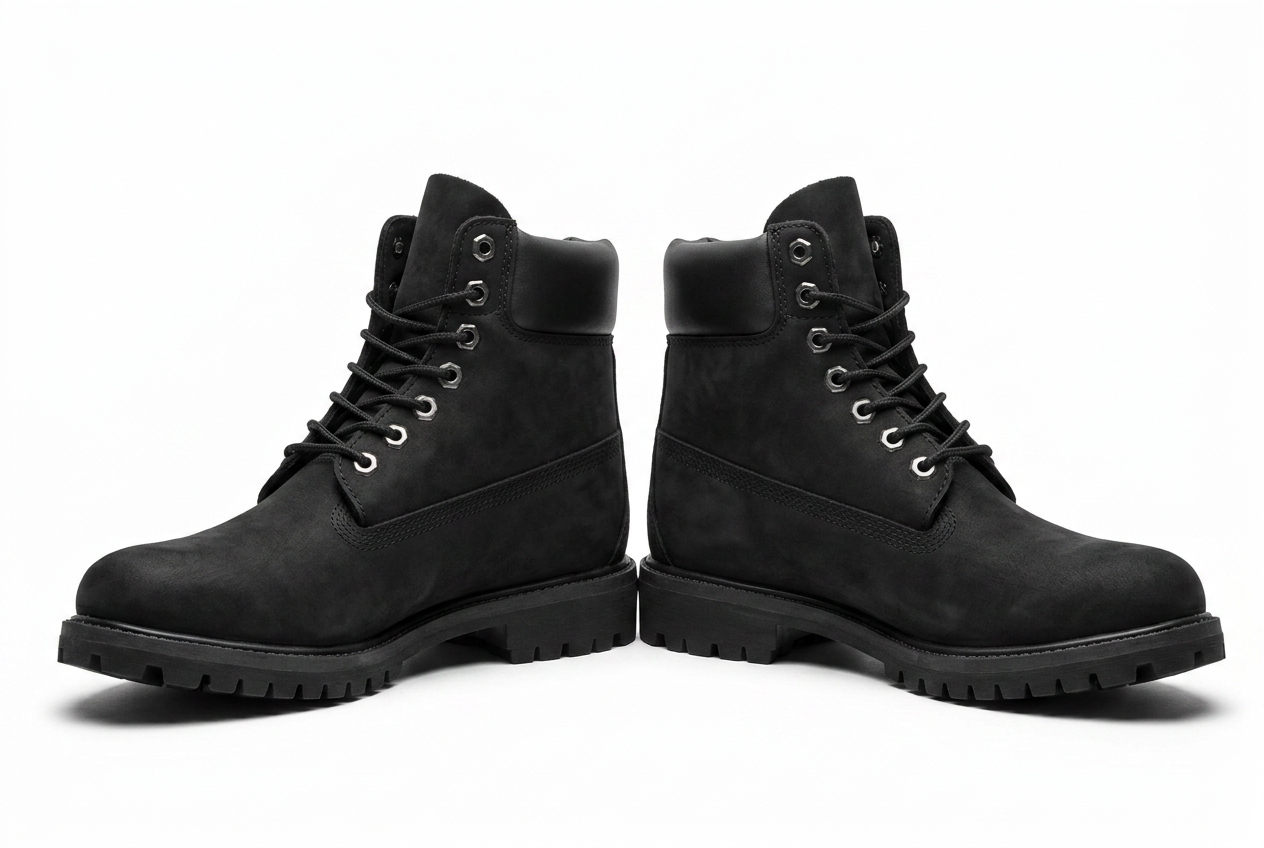 Black nubuck six inch lace-up boots with lug outsole, pair on white background
