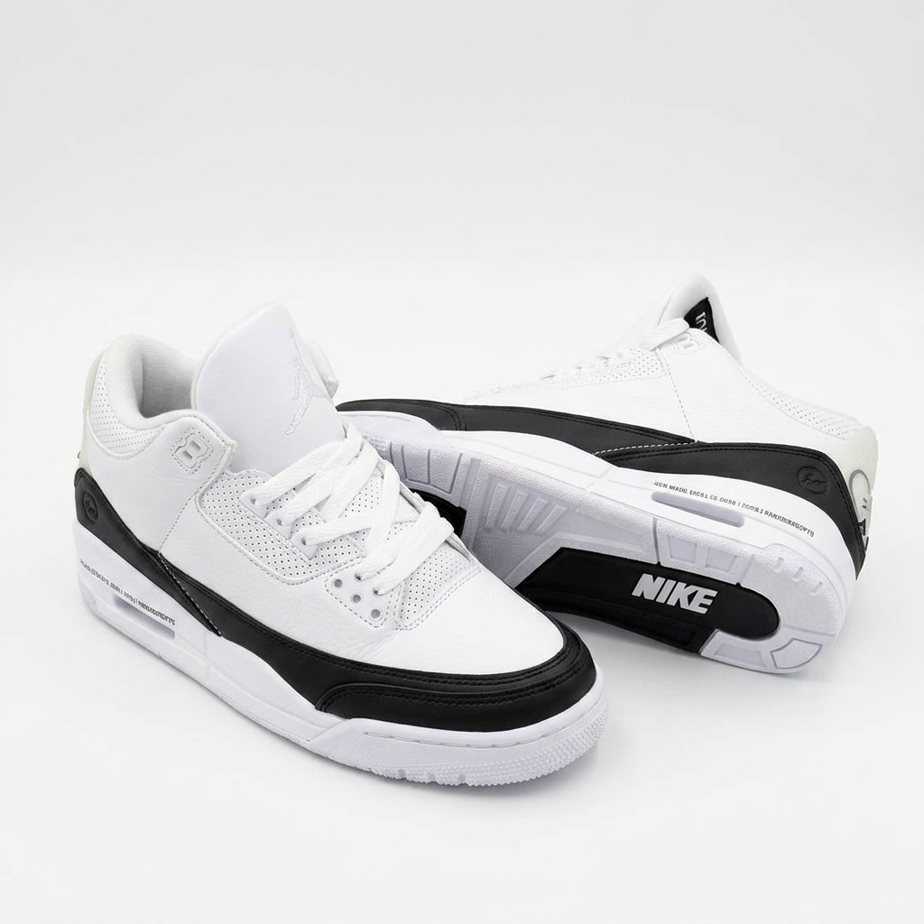 White and black leather high top basketball sneakers, pair on a plain white background
