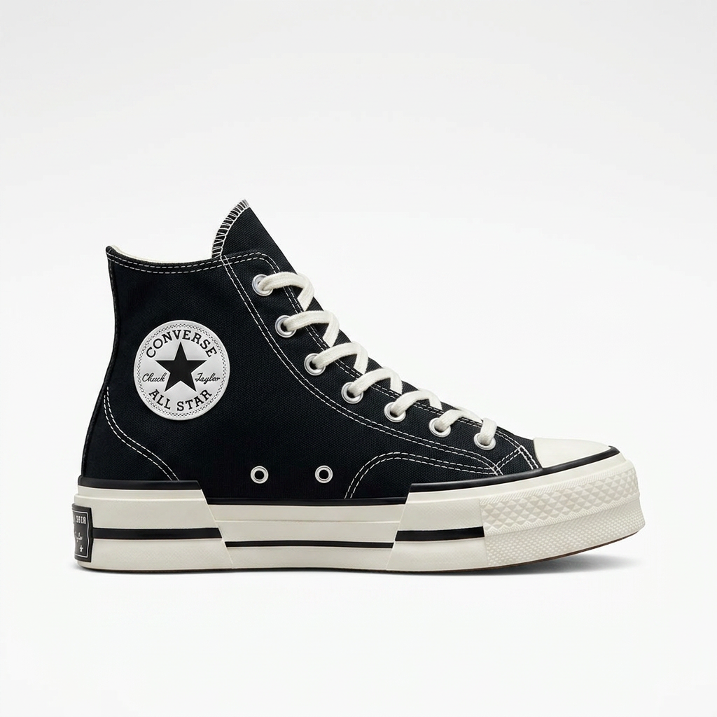 Converse Chuck 70 Plus high top sneaker in black canvas with cream stacked platform sole, side profile