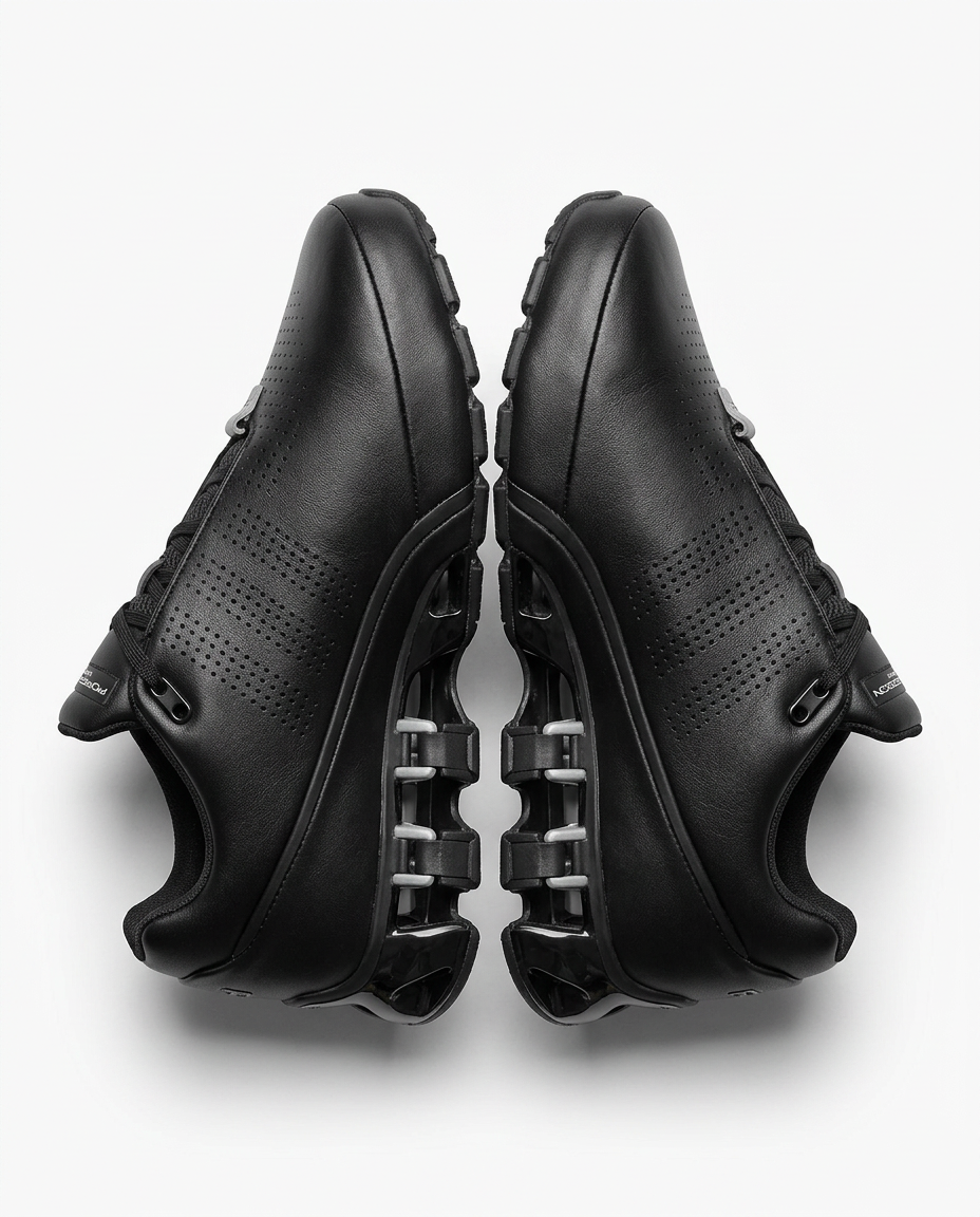 Black perforated leather sport sneaker pair with silver sole on a plain white background