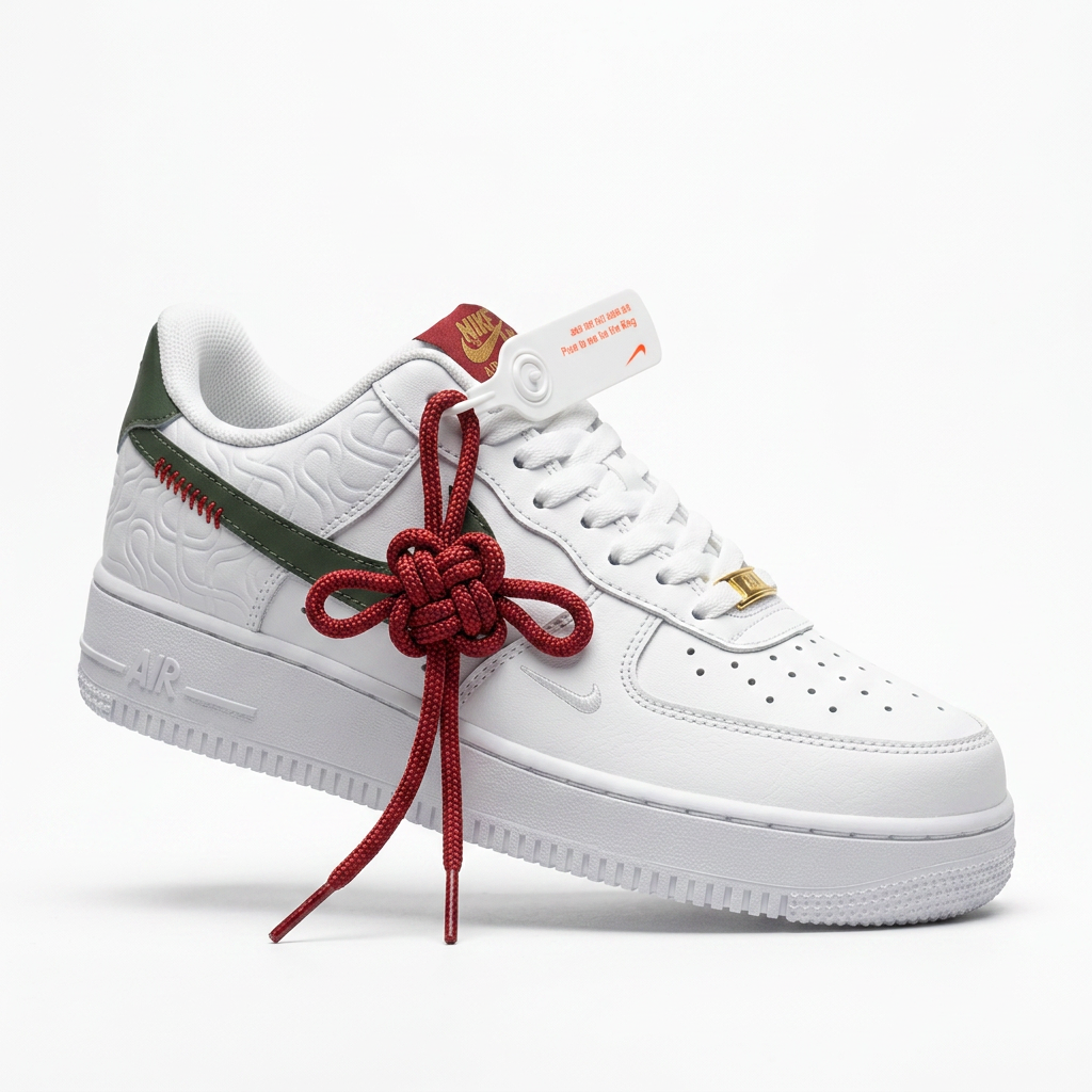 Nike Air Force 1 Low in embossed white leather with green heel panel and red rope charm