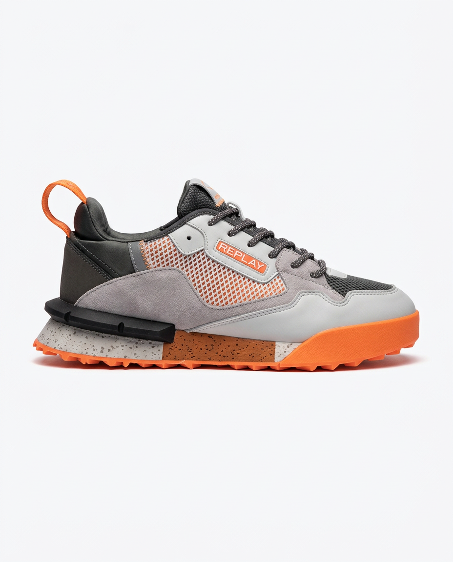Grey and orange Replay trail runner on a plain white background