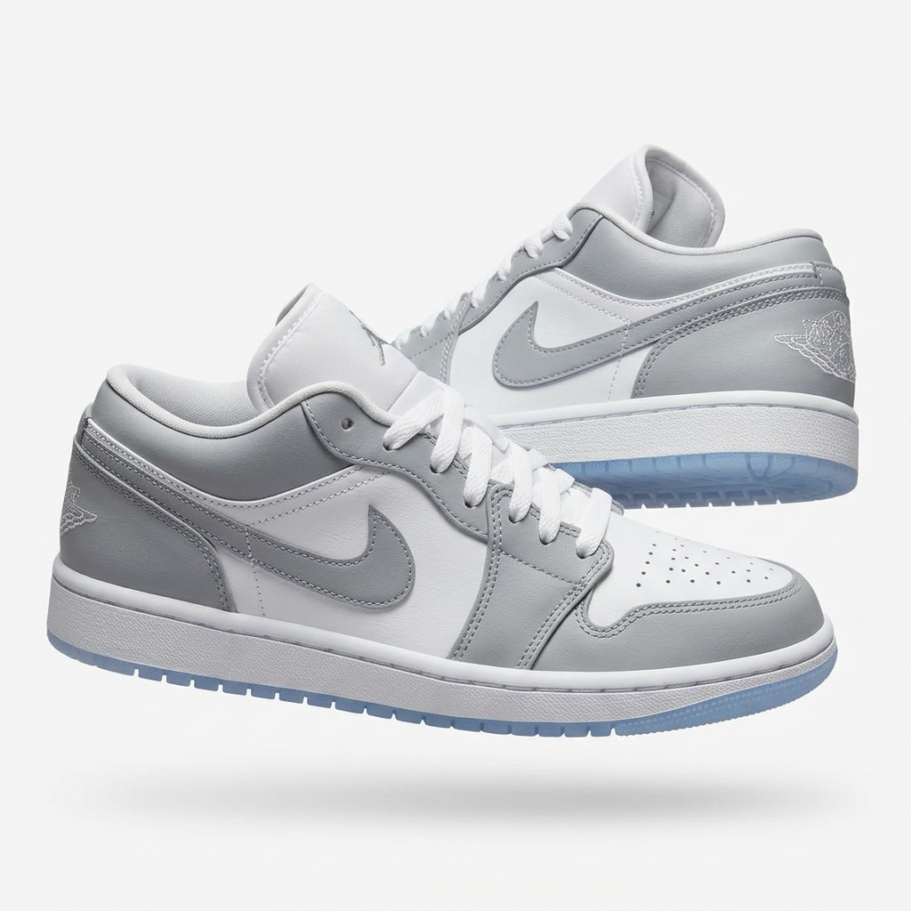Soft grey and white leather low top on a translucent icy out on a plain white background