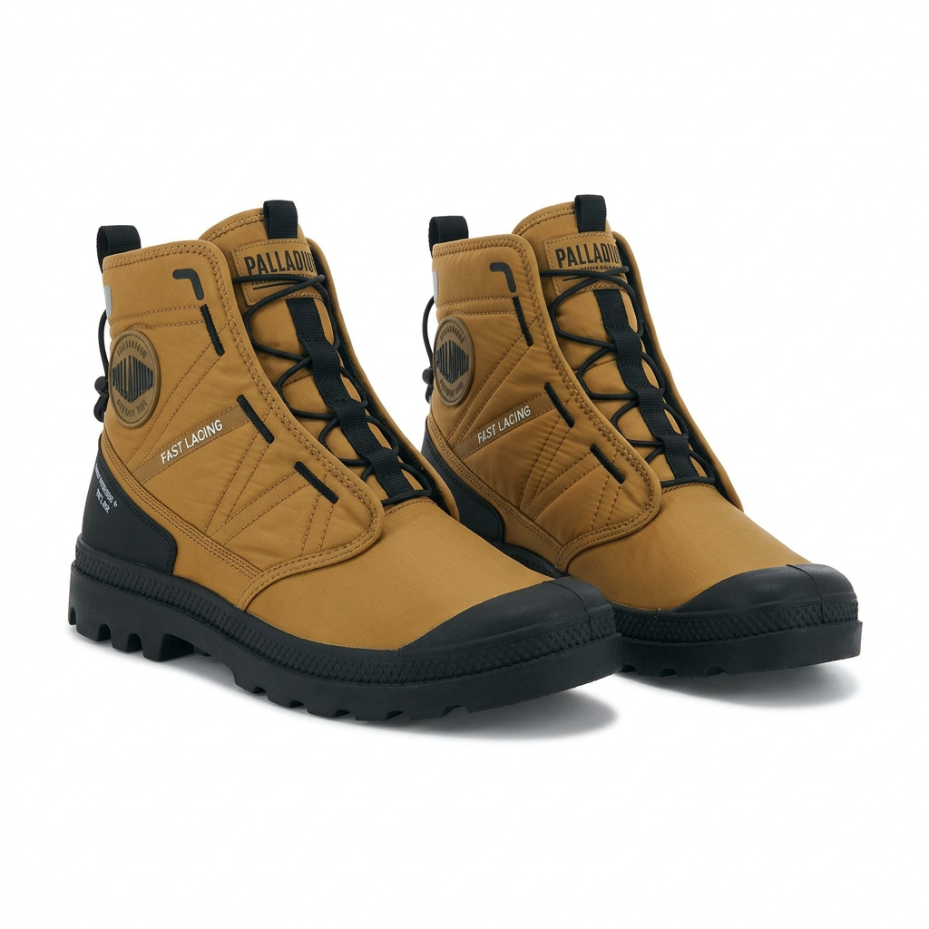 Pair of mustard and black Palladium fast-lacing ankle boots on white