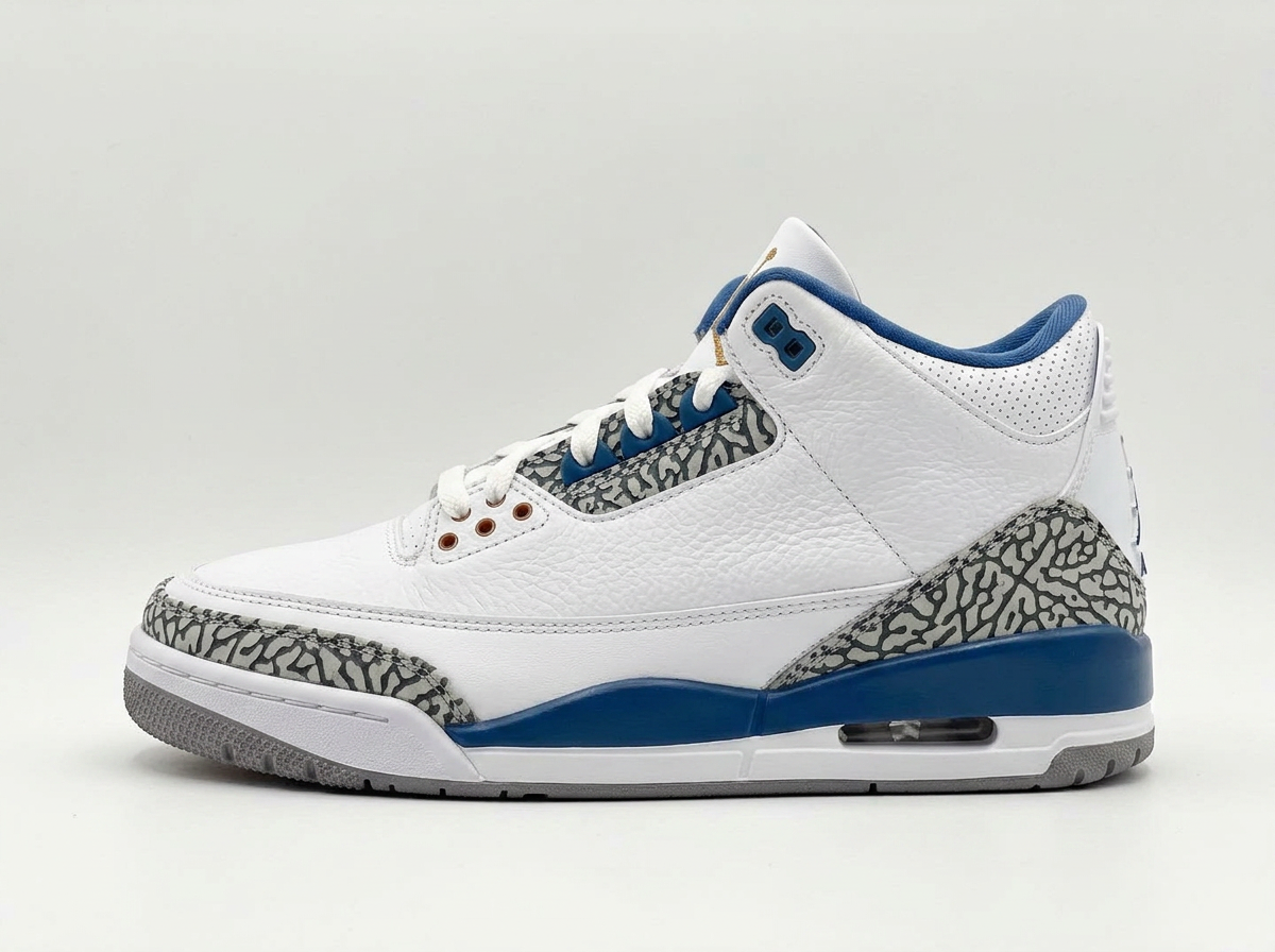 White tumbled leather with elephant print overlays and a tru on a plain white background
