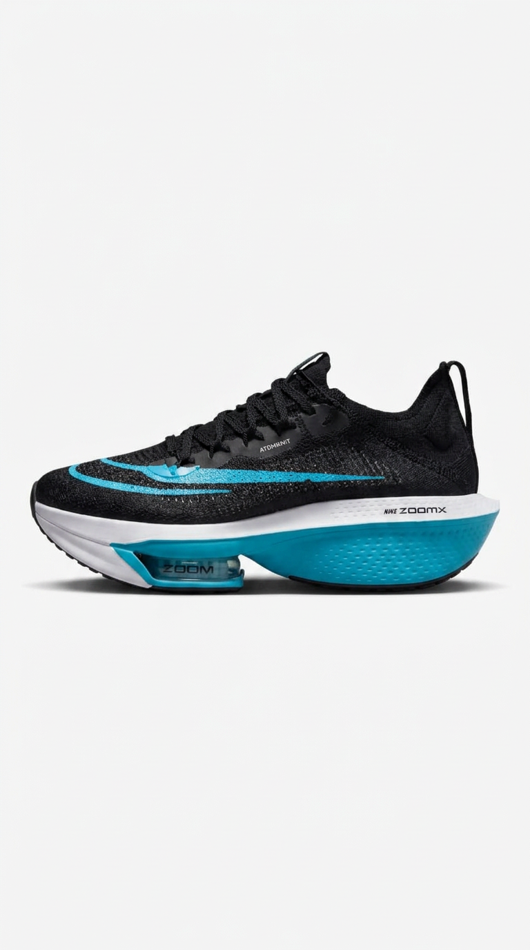 Black knit running sneaker with blue swoosh and thick blue foam midsole on a plain white background