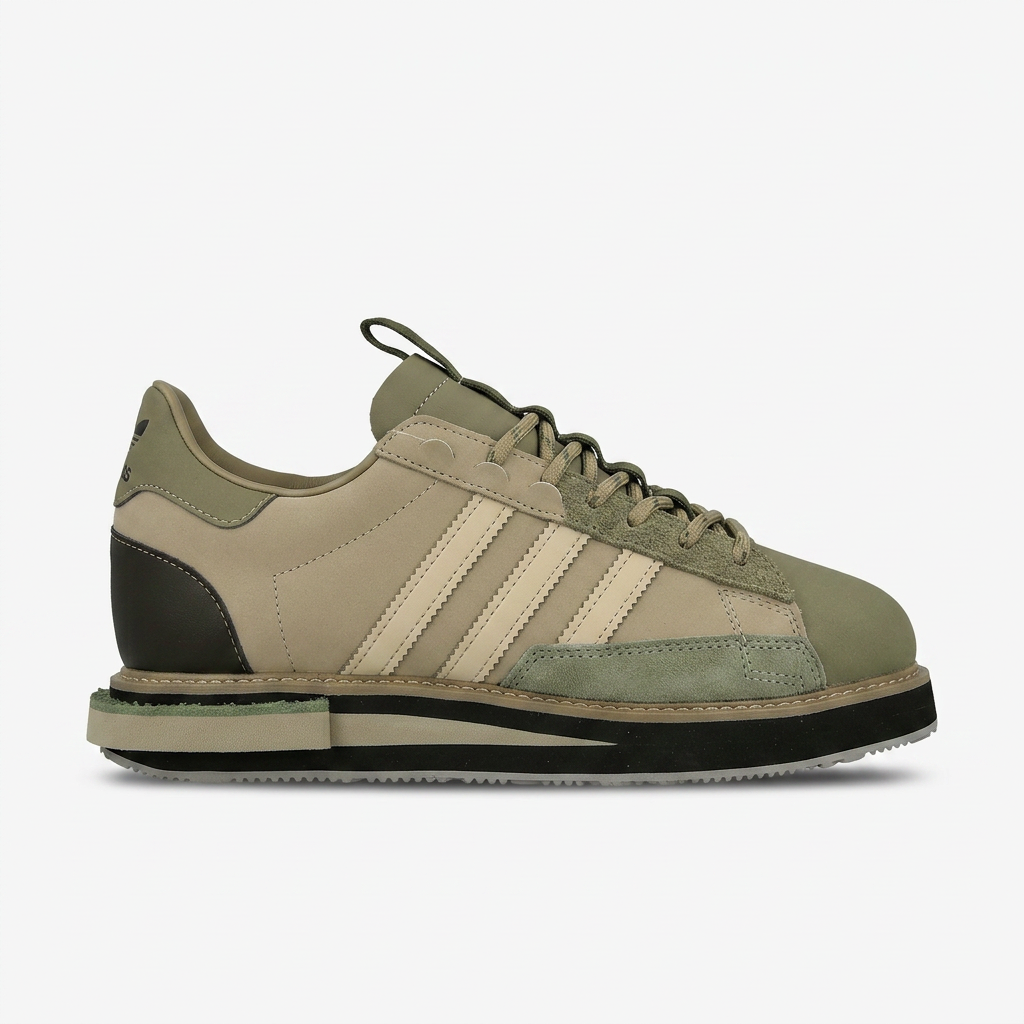 Sand and olive suede three-stripe low top retro runner on a plain white background