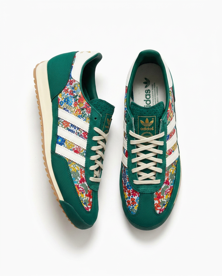 adidas Gazelle sneakers in green suede with colourful floral print panels and cream laces