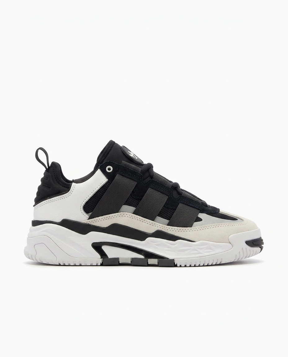 Black and white adidas Niteball sneaker on white