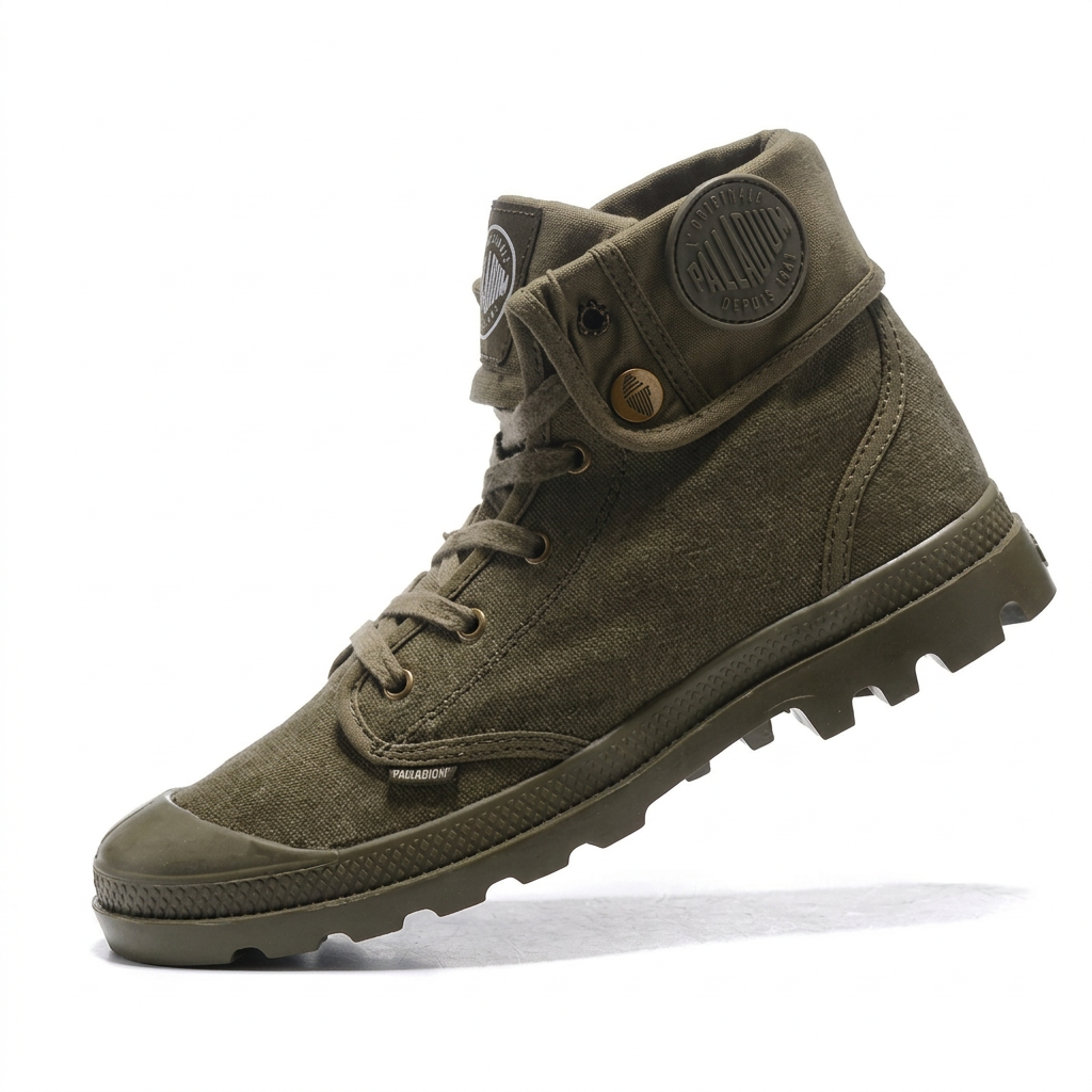 Olive canvas Palladium Pampa Baggy boot with folded cuff on white