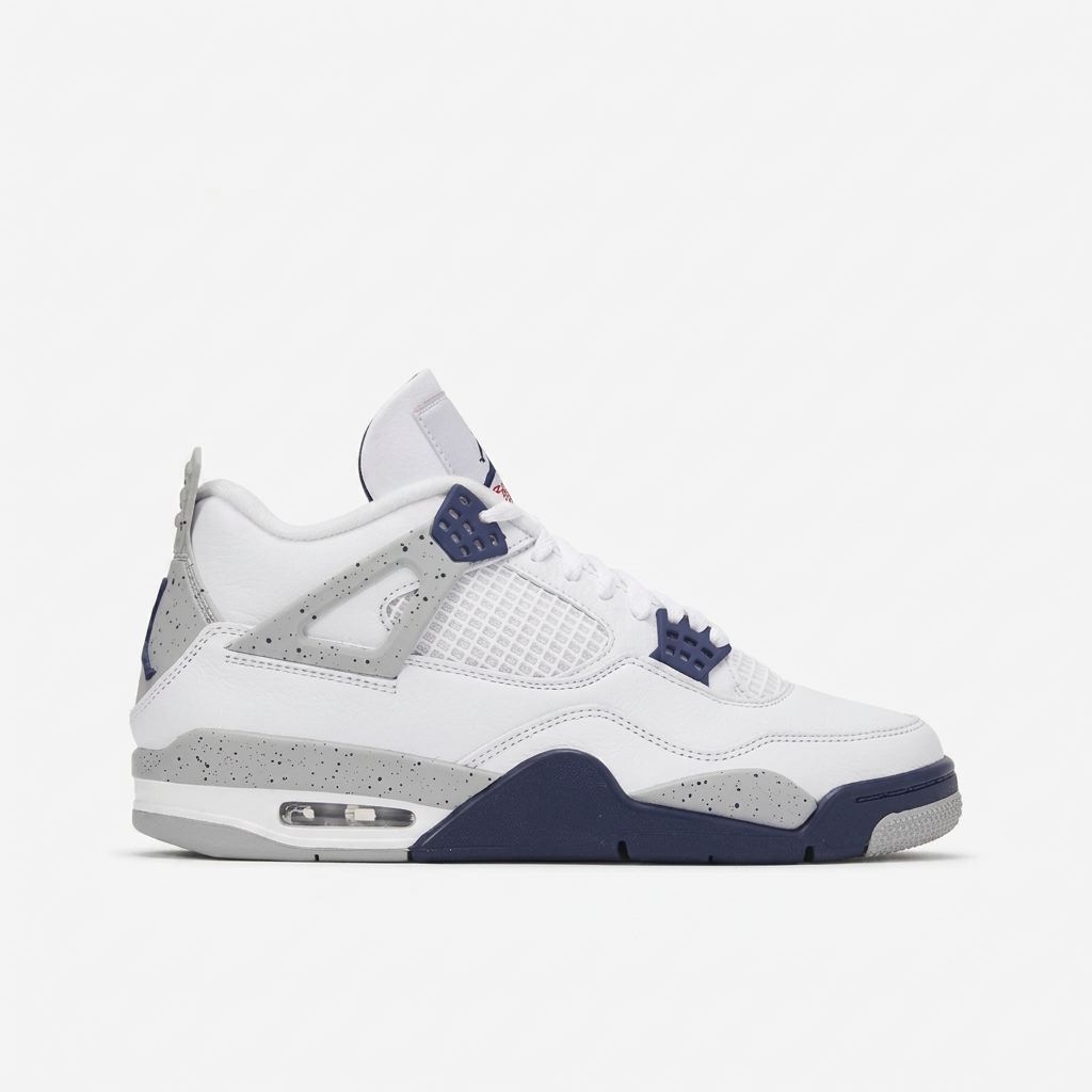 Air Jordan 4 sneaker in white leather with cement speckled grey and midnight navy sole, side view