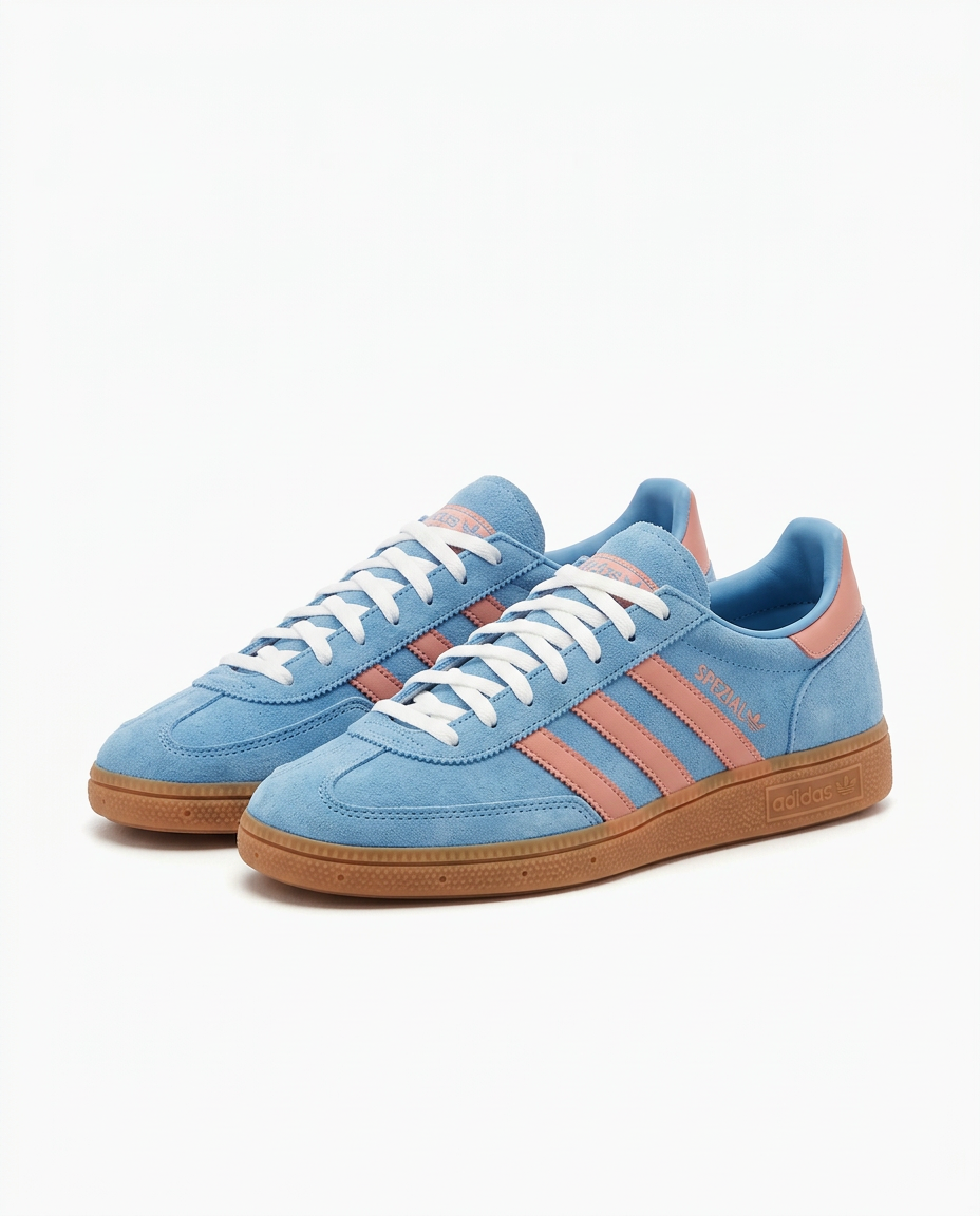 Pair of light blue suede adidas Handball Spezial sneakers with pink stripes and gum sole on a plain white background