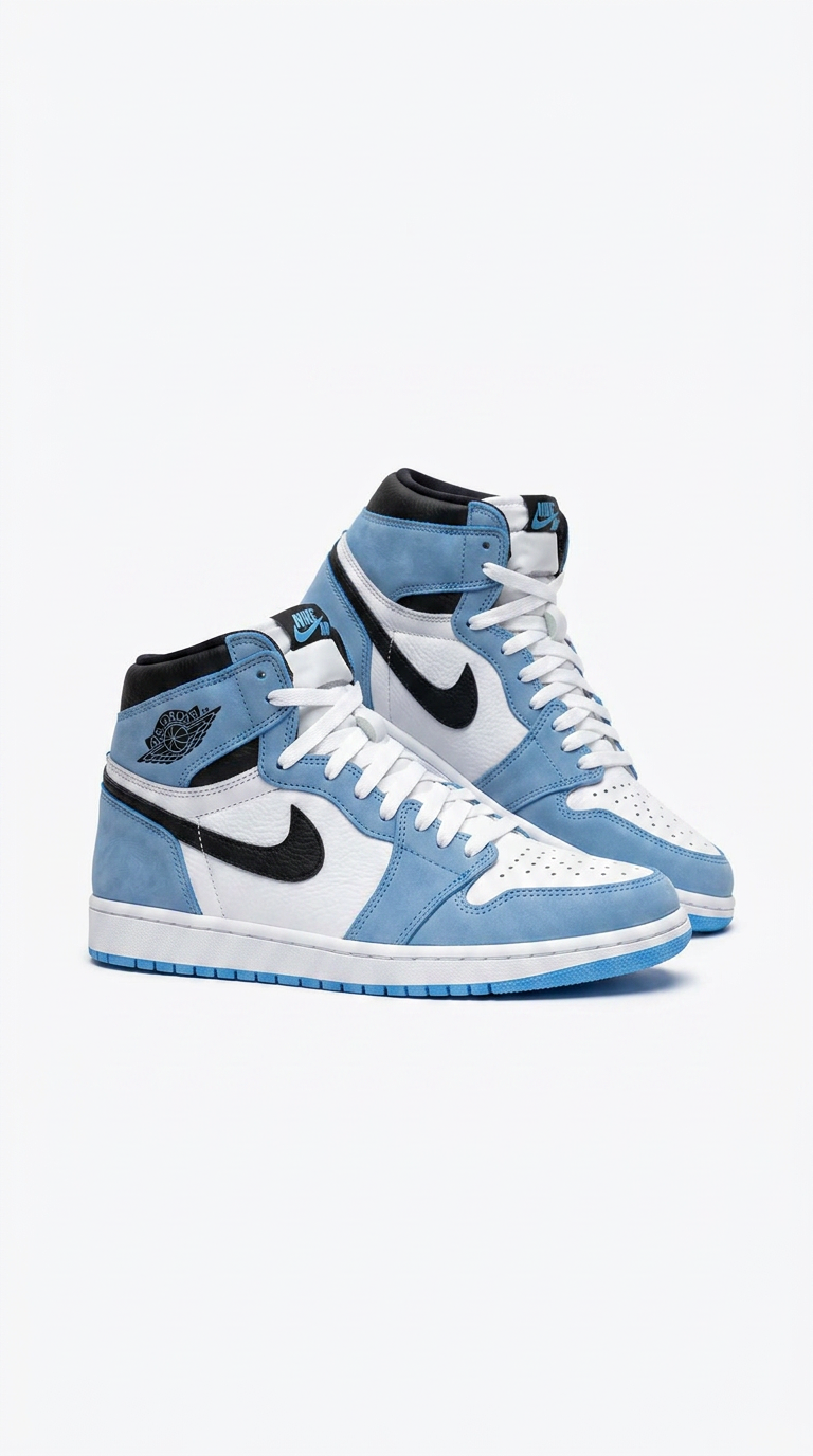 Air Jordan 1 High in university blue suede, white leather and black Swoosh, pair on white background