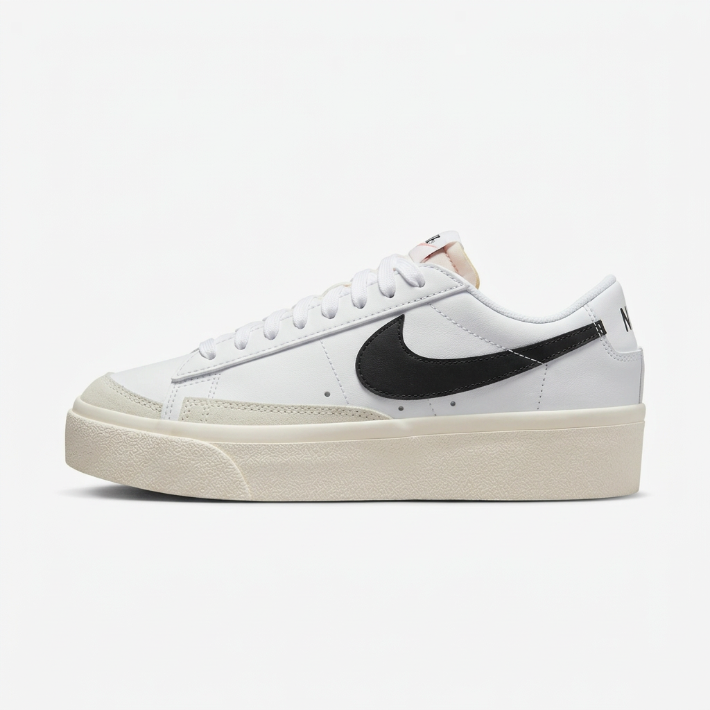 White Nike Blazer Low Platform with black swoosh on a plain white background
