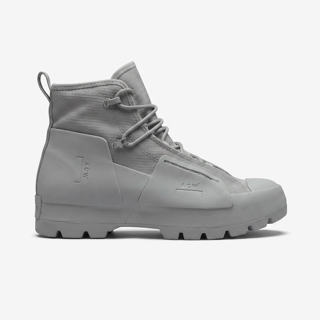 All grey nylon and leather lace up boot with lugged sole on a plain white background