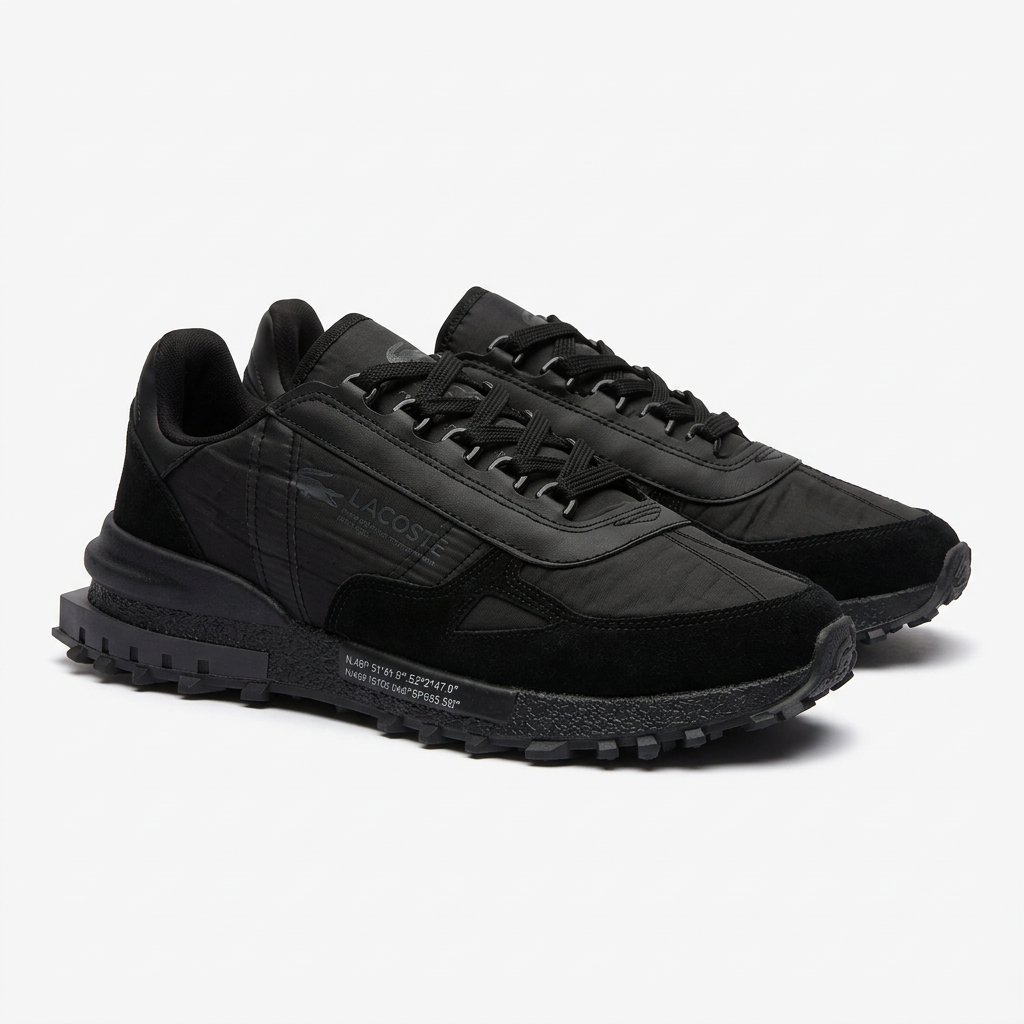 Pair of black Lacoste trail sneakers with a rugged sole on a plain white background