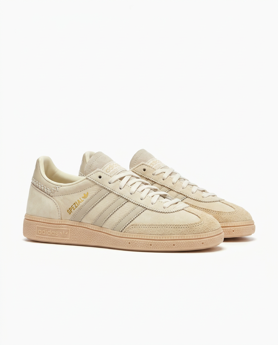 Pair of cream suede adidas Handball Spezial sneakers with gold lettering and pale gum sole on a plain white background