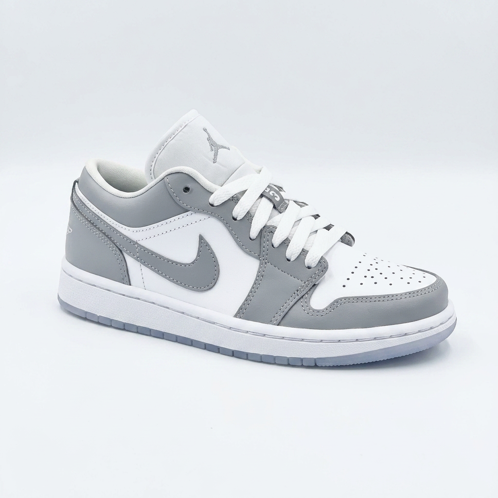Air Jordan 1 Low in wolf grey and white leather with grey outsole, side profile