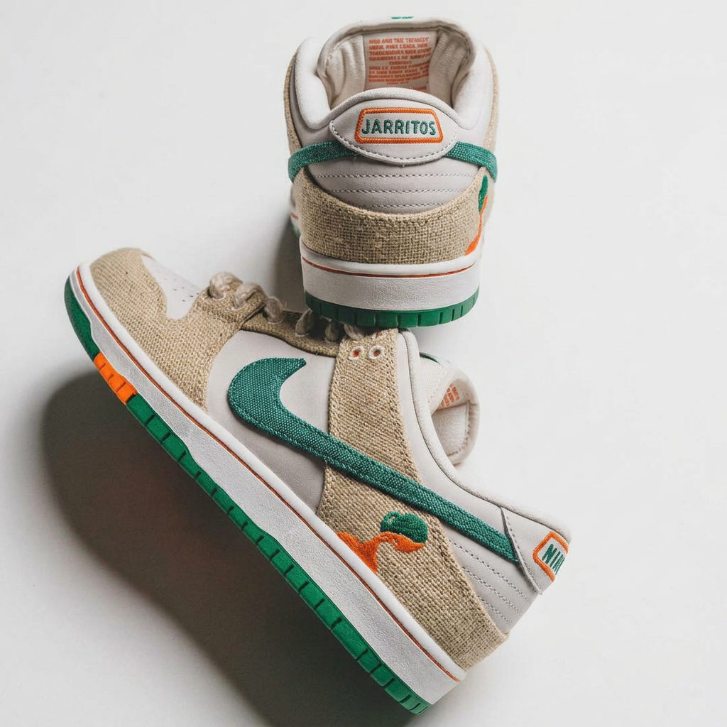Nike Dunk Low in woven hemp with green Swoosh and orange accents, pair on white surface