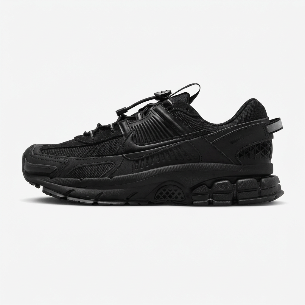 Triple black Nike Zoom Vomero 5 with toggle lacing on white