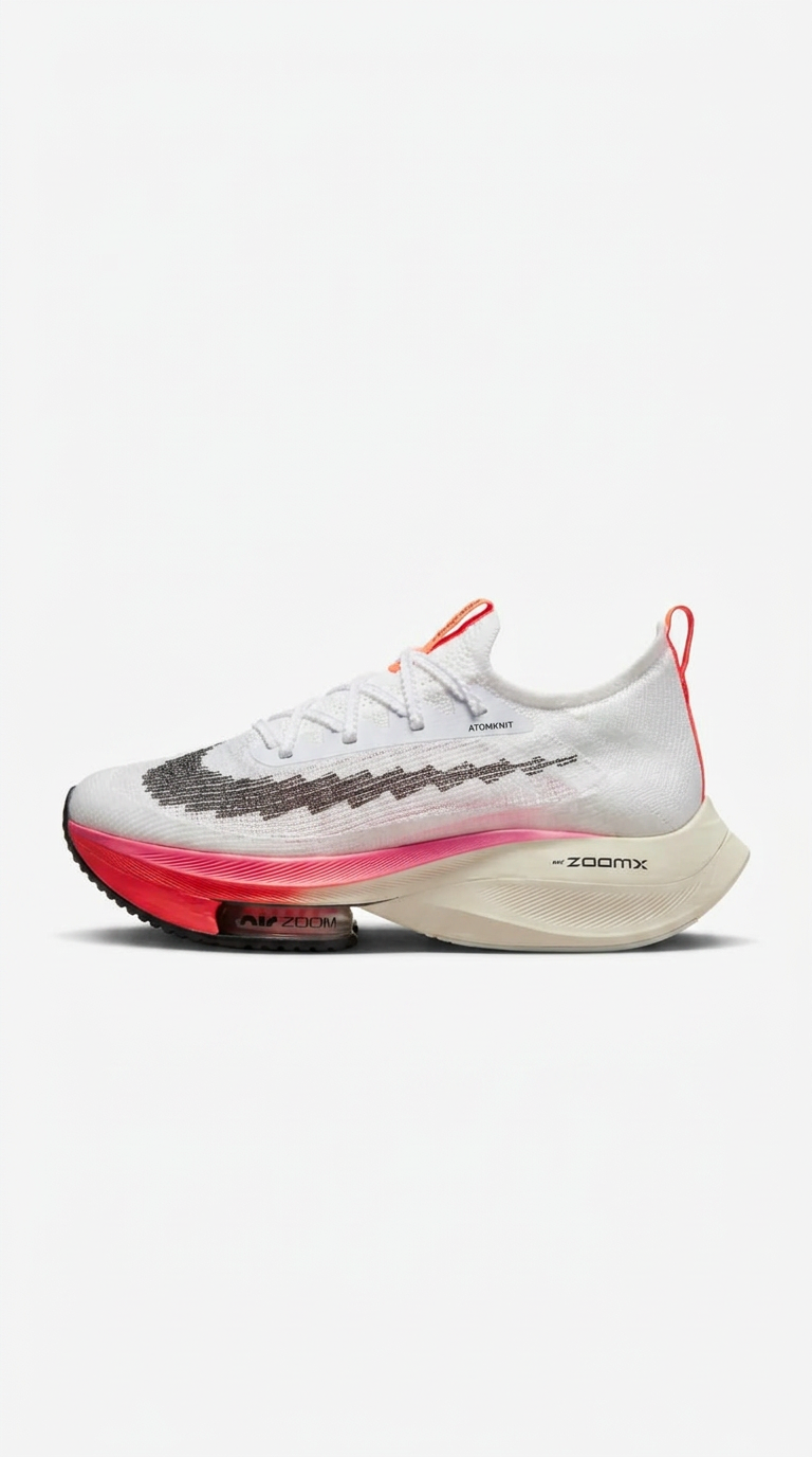 White knit running sneaker with black sketch swoosh and pink midsole on a plain white background