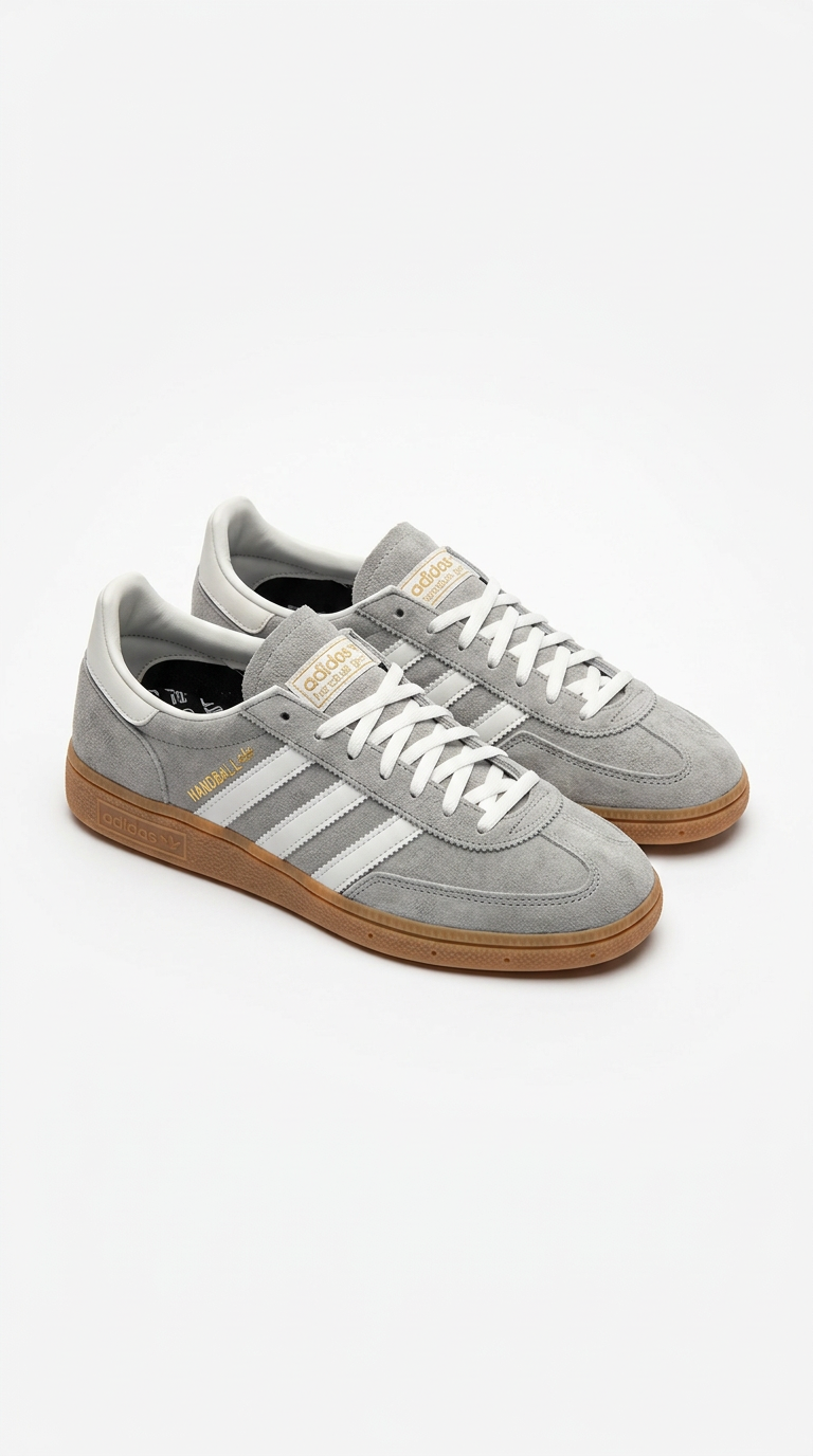 Pair of grey suede adidas Handball Spezial sneakers with white stripes and gum sole on a plain white background