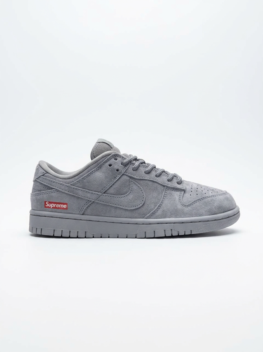 Grey suede Nike Dunk Low with red Supreme box logo on white