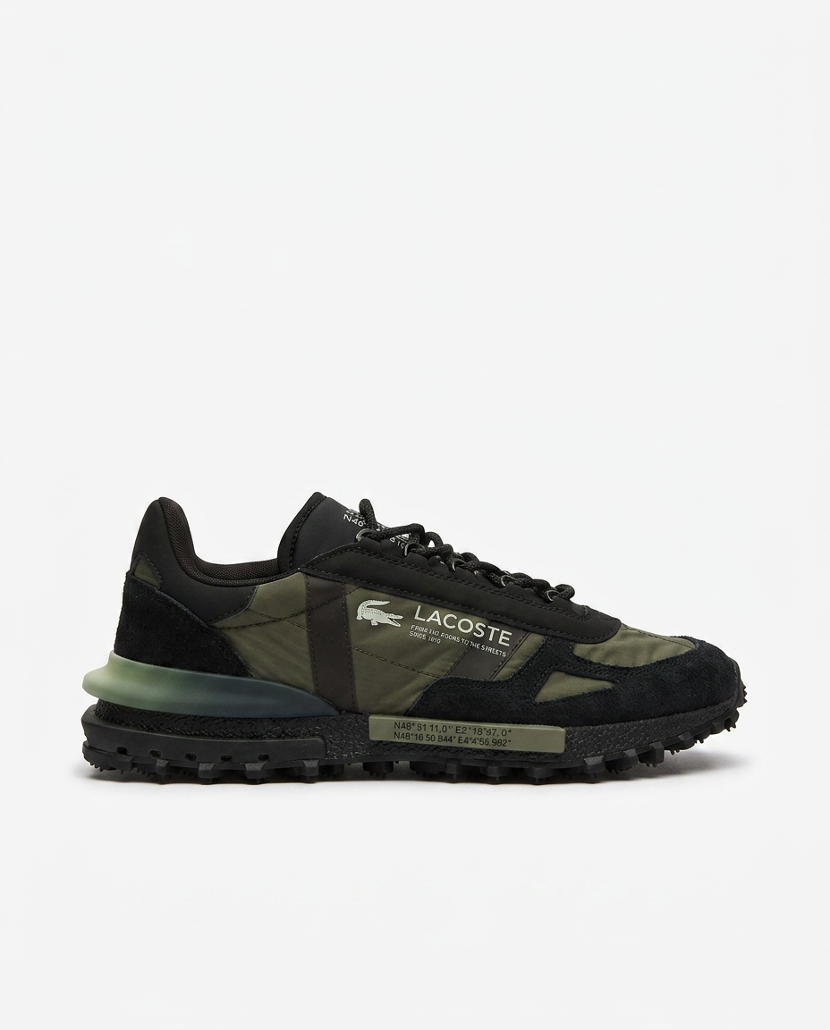 Black and olive Lacoste Elite Active runner on a plain white background