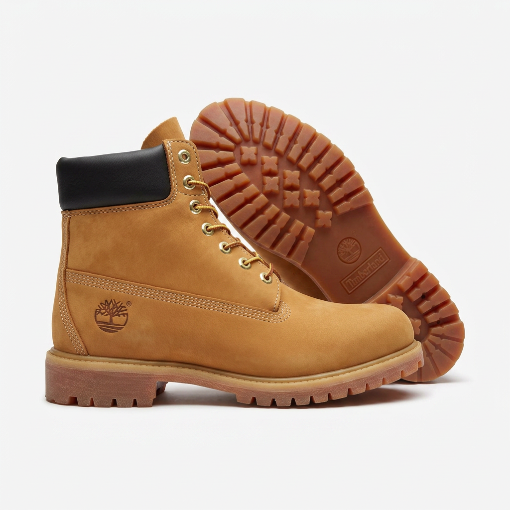 Wheat nubuck six inch lace-up boots with gum lug outsole on a plain white background