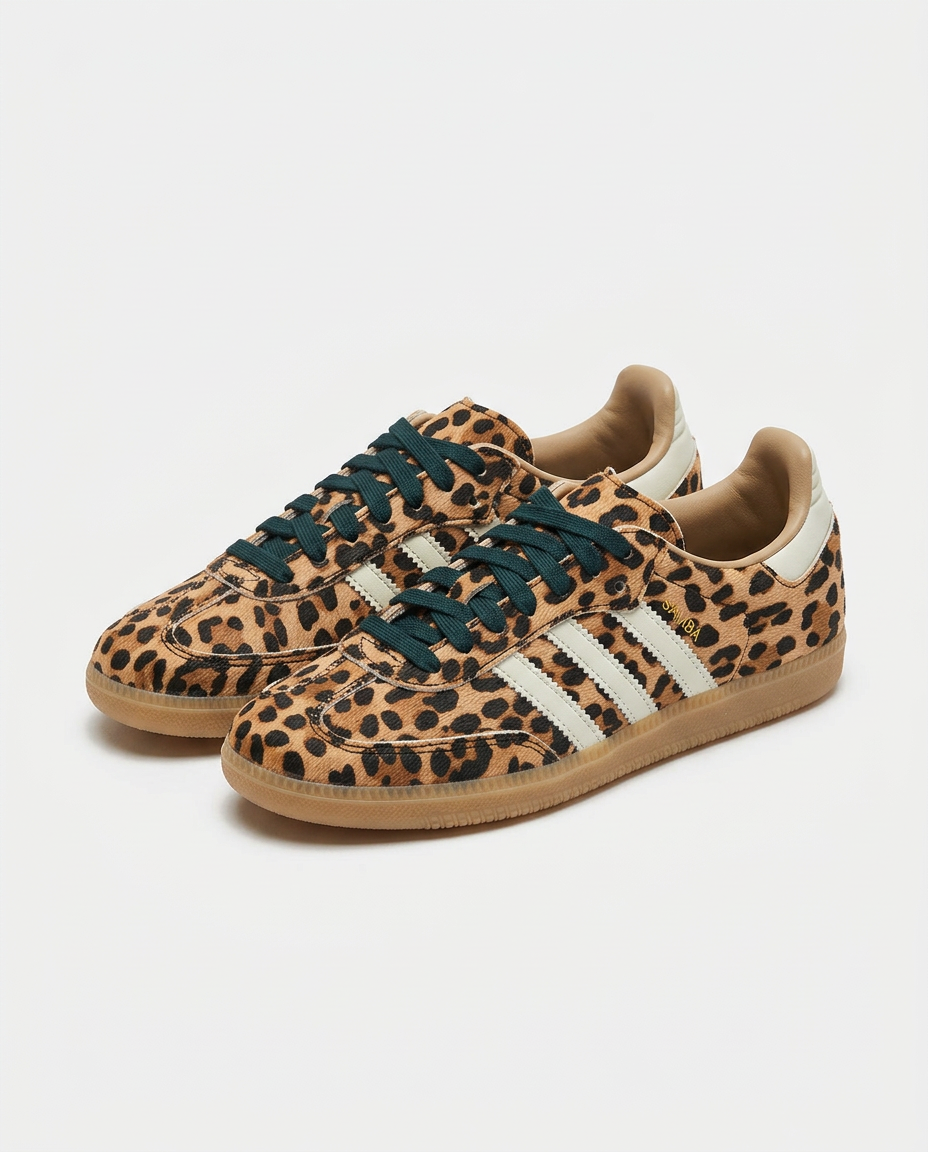 Pair of leopard print adidas Samba sneakers with green laces and gum sole on a plain white background