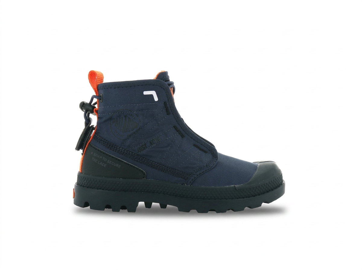 Navy Palladium Pampa fast-lacing boot with orange pull tabs on white