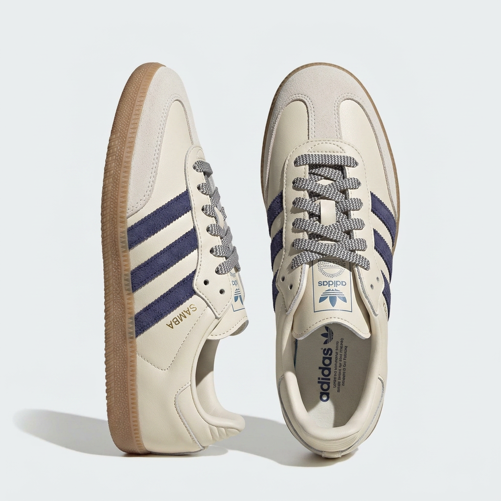 Cream and navy three-stripe gum sole low top sneakers on a plain white background