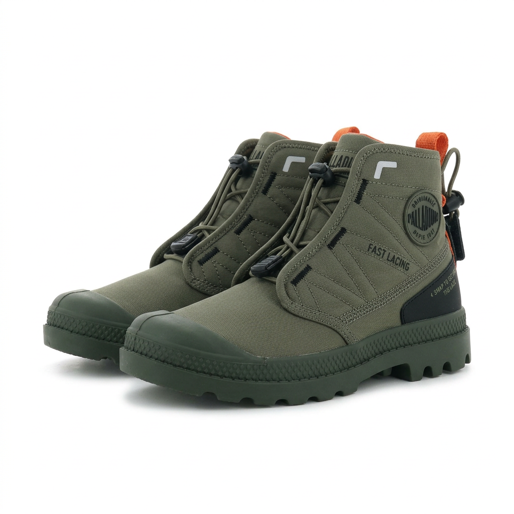 Pair of olive green Palladium fast-lacing ankle boots on a plain white background