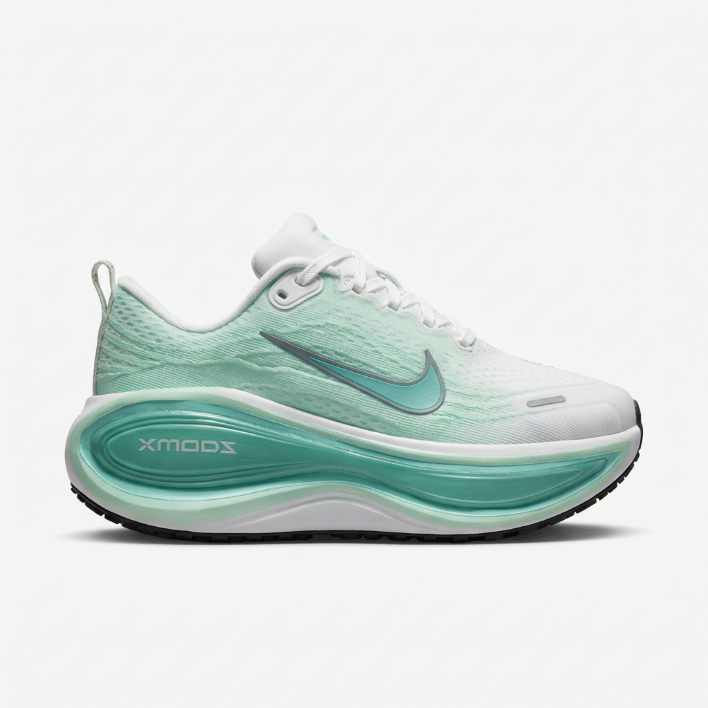 Mint green and white mesh running sneaker with teal cushioned midsole on a plain white background