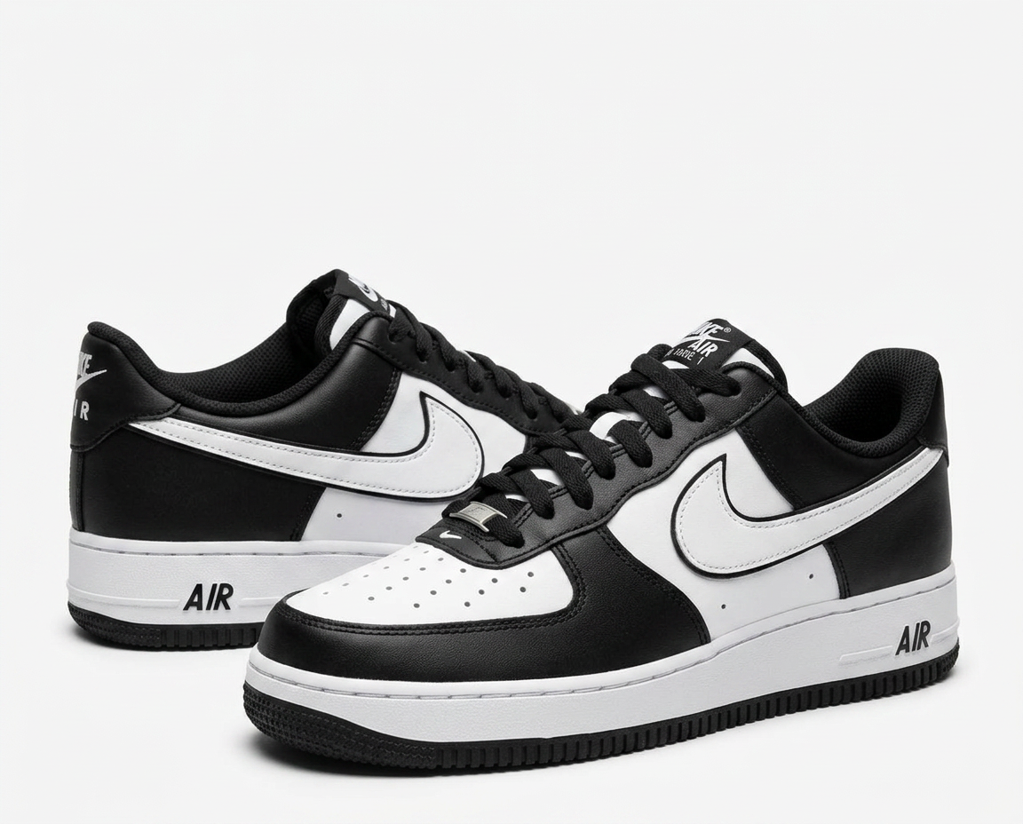 Black and white panelled leather low top court sneaker pair on a plain white background