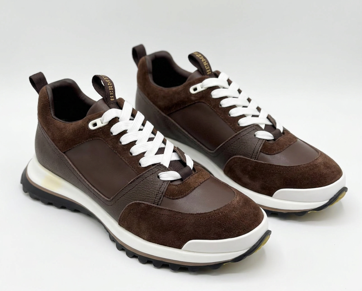 Pair of chocolate brown Hermès suede and leather runner sneakers with white laces and lug soles on a plain white background