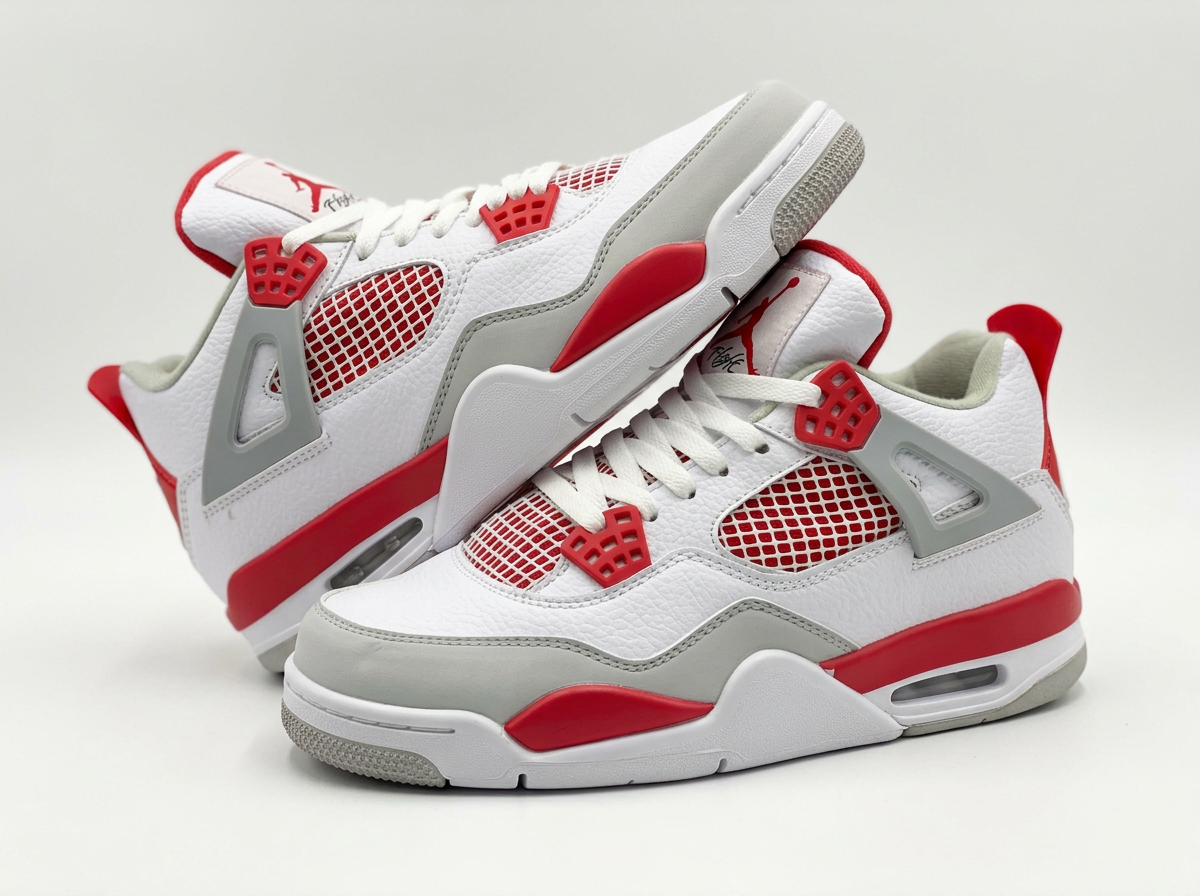 Air Jordan 4 sneakers in white leather with fire red mesh and grey overlays on a shoe box